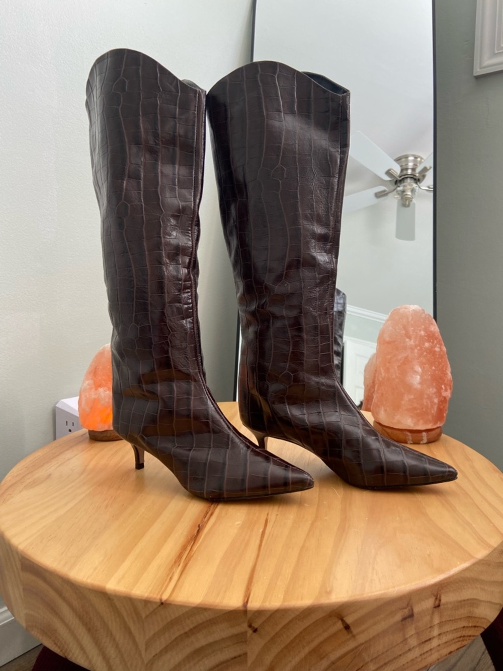 SCHUTZ Croc-Embossed Over-the-Knee Boots in Dark Brown